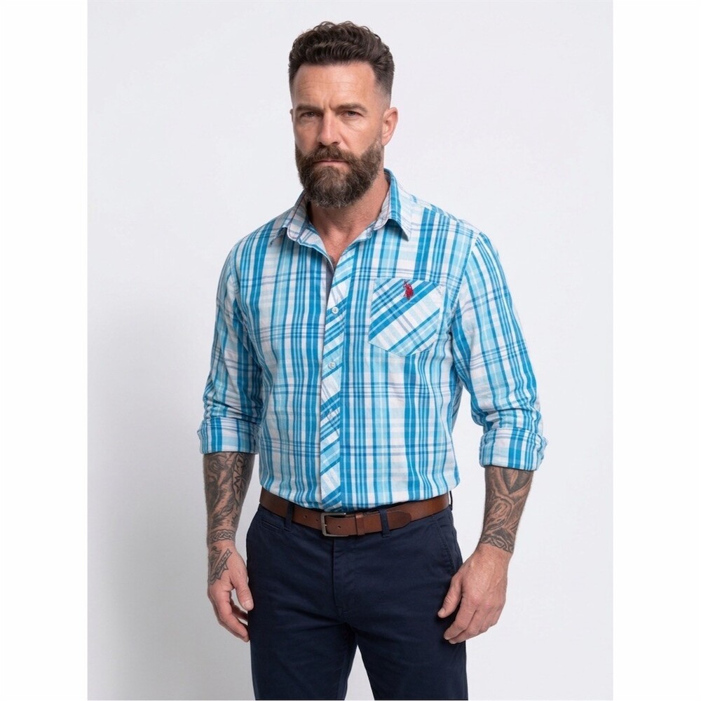 U.S. Polo Assn. Shirt Mens Size M Blue White Plaid Button Up Long Sleeve